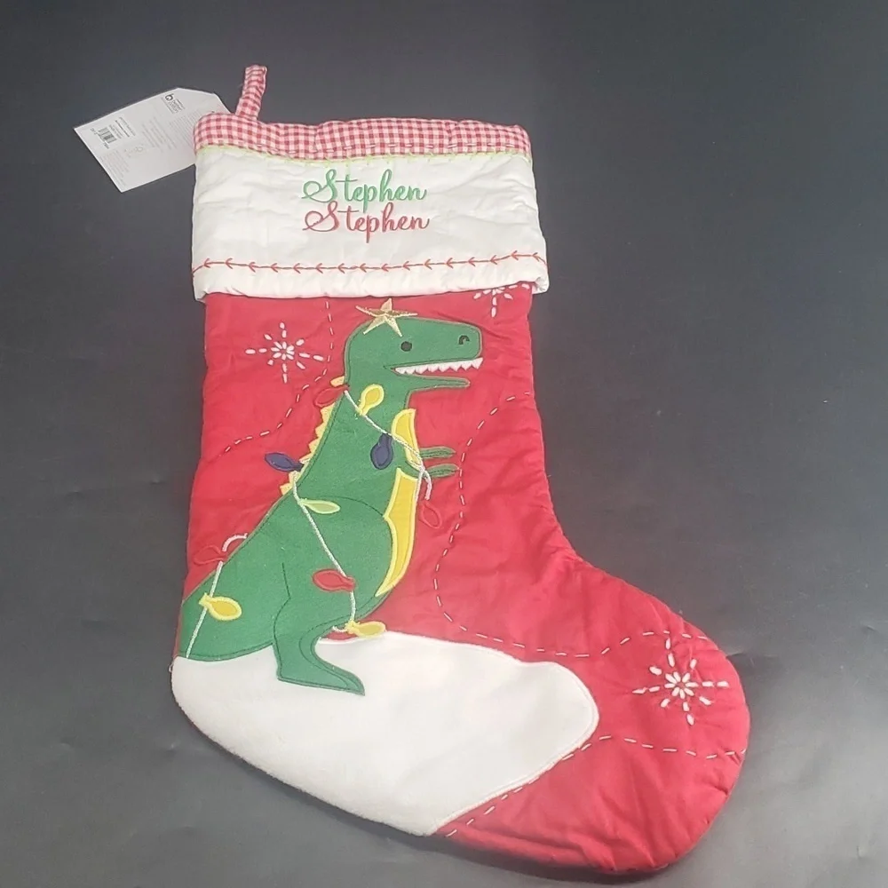 NEW STEPHEN Pottery Barn Quilted Christmas Holiday Gift Dinosaur Stocking